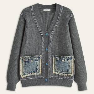 Contrast Trim Denim Panel Cardigan