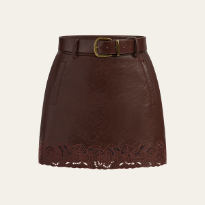 Jacquard Trim PU Leather Mini Skirt with Belt