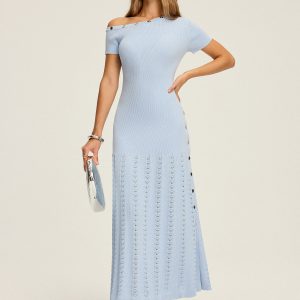 One-Shoulder Button Detail Knit Maxi Dress
