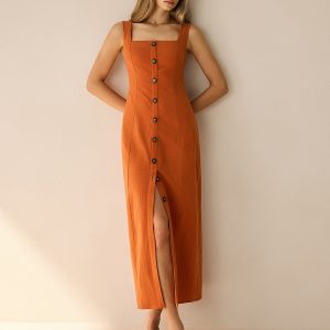 Square-Neck Button-Front Maxi Dress with Slit