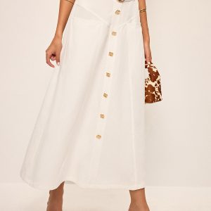 Cotton Button-Front Midi Skirt with Belt