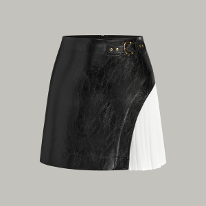 Color-Block Pleated-Panel PU Leather Mini Skirt