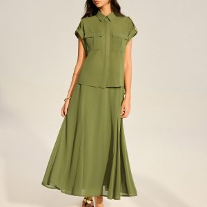 Rolled-Sleeve Pocketed Chiffon Shirt and Midi Skirt Set