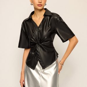 PU Leather Short Sleeve Twisted Blouse