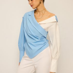 Two-Tone Asymmetric Off-Shoulder Shirt