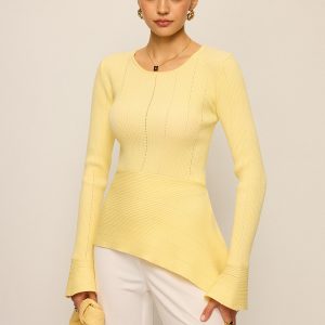 Asymmetric Hem Flare Sleeve Eyelet Sweater