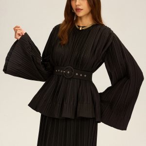 Pleated Bell Sleeve Belted Peplum Blouse