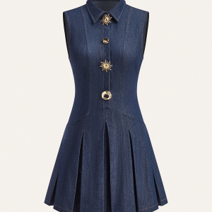 Denim Sleeveless Pleated Shirt Dress