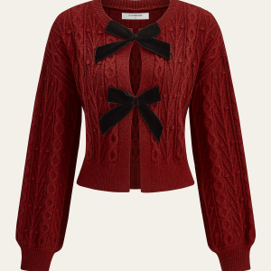 Wool Blend Bow Cable-Knit Cardigan