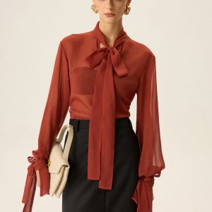 Semi-Sheer Chiffon Tie Neck Blouse