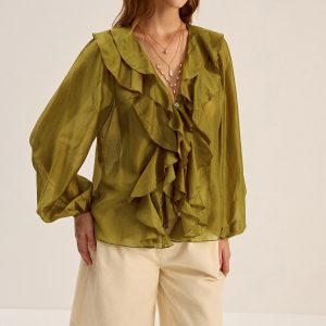 Semi-Sheer Tencel Ruffle Blouse