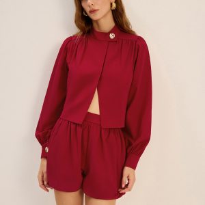 Metal Button Asymmetric Long-Sleeve Top