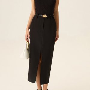 Belted Pocket Slit Midi Skirt