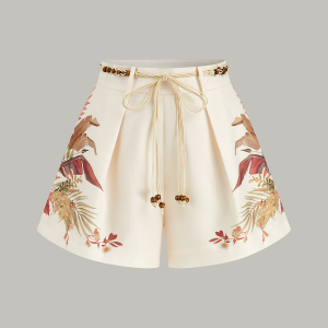 Belted Tropical Print Mid-Waist Shorts