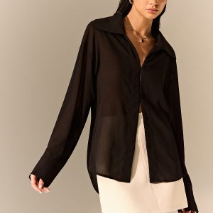 Semi-Sheer Chiffon Long-Sleeve Shirt
