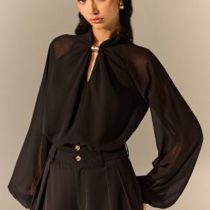 Semi-Sheer Chiffon Blouse with Neckline Metal Detail