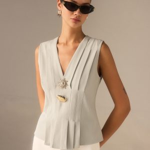 Pleated V-Neck Top with Metal Detail