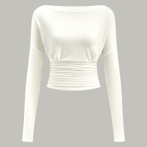 Semi-Sheer Ruched Waist Long-Sleeve Top