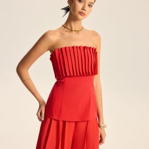 Cotton Blend Strapless Pleated Top