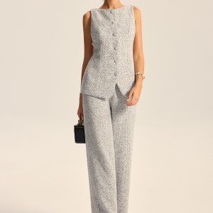 Textured Tweed Wide-Leg Pants