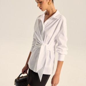 Cotton Asymmetric Tie-Waist Shirt