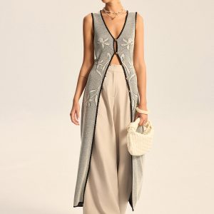 Floral Contrast Trim Knit Maxi Vest