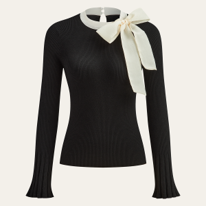 Bow Ribbed Flared Cuff Sweater