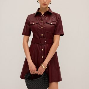 Shirt Collar Belted PU Leather Mini Dress