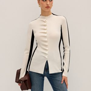 Ruffle Button Fitted Knit Top