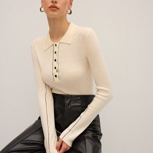 Wool Blend Ribbed Polo Knit Top