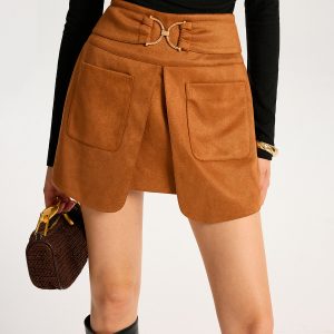 Metal Buckle Slit Suede Effect Mini Skirt