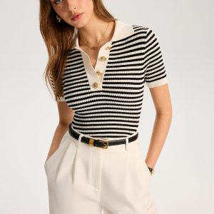 Metal Button Striped Knit Polo Top