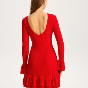 Wool Blend Knit Ruffled Flared Sleeve Mini Dress