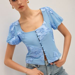 Floral Embroidered Square Neck Mesh Top