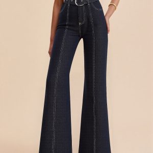 Denim Contrast-Stitch Pants with Belt