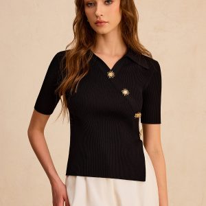 Asymmetric Metal Button Ribbed Knit Polo Top