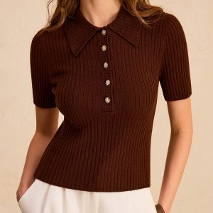 Metal Button Ribbed Knit Polo Top