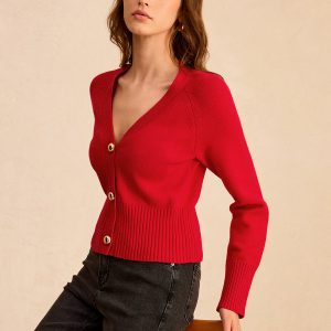 V-Neck Button-Front Knit Cardigan