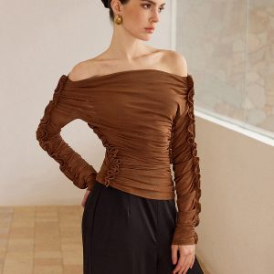 Off-Shoulder Ruched Top with Ruffled Sleeves