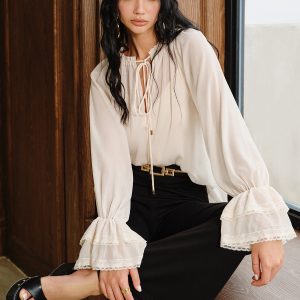 Bell Sleeve Sheer Chiffon Blouse Set with Liner