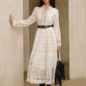 Semi-Sheer Lace Panel Maxi Dress without Belt