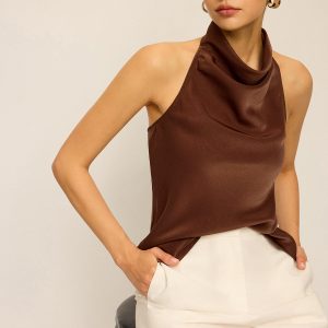 Satin Cowl Neck Halter Backless Top