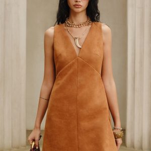 Suede Effect V-Neck Sleeveless Mini Dress