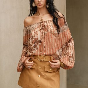 Boho Print Semi-Sheer Chiffon Tie-Front Blouse