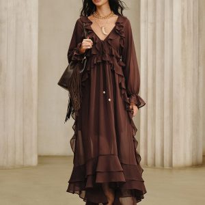 Ruffled Chiffon Maxi Dress Set with Cami Dress Liner