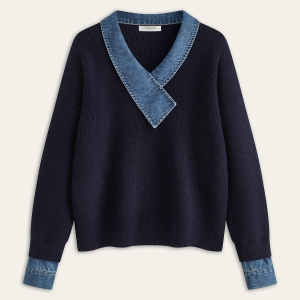 Denim Panel Asymmetric V-Neck Knit Top