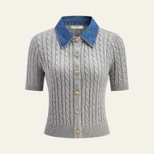 Metal Button Denim Collar Cable-Knit Top