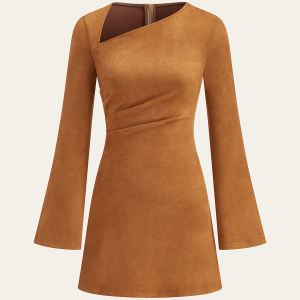 Asymmetrical Ruched Long Sleeve Suede Effect Mini Dress