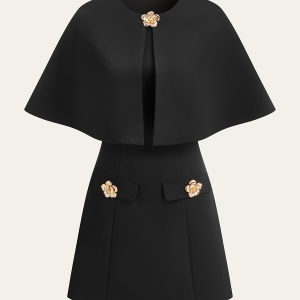 Detachable Cape Metal Floral Detail Dress Set