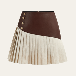 PU Panel Cotton & Linen Pleated Mini Skirt